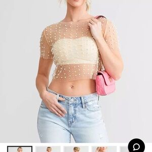 Sheer Pearl Embellished Top - Cream